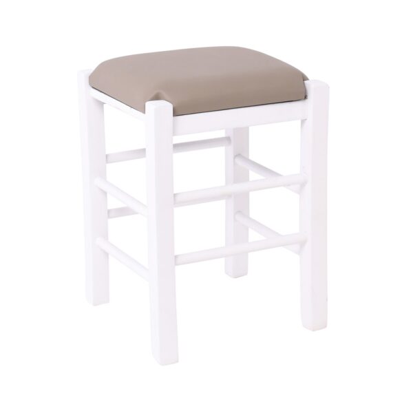 ΤΑΒΕΡΝΑΣ Σκαμπό Βοηθητικό, Οξιά Βαφή Εμποτισμός Λάκα Άσπρο, Κάθισμα Pu Cappuccino 35x35x51cm - Image 2