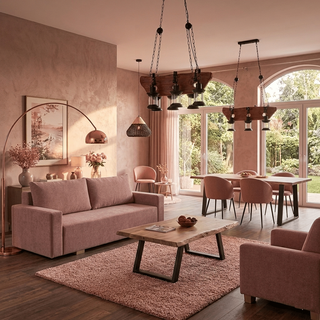 Επίπλωση Airbnb studio με καναπέ, τραπέζι, καρέκλες και φωτιστικά