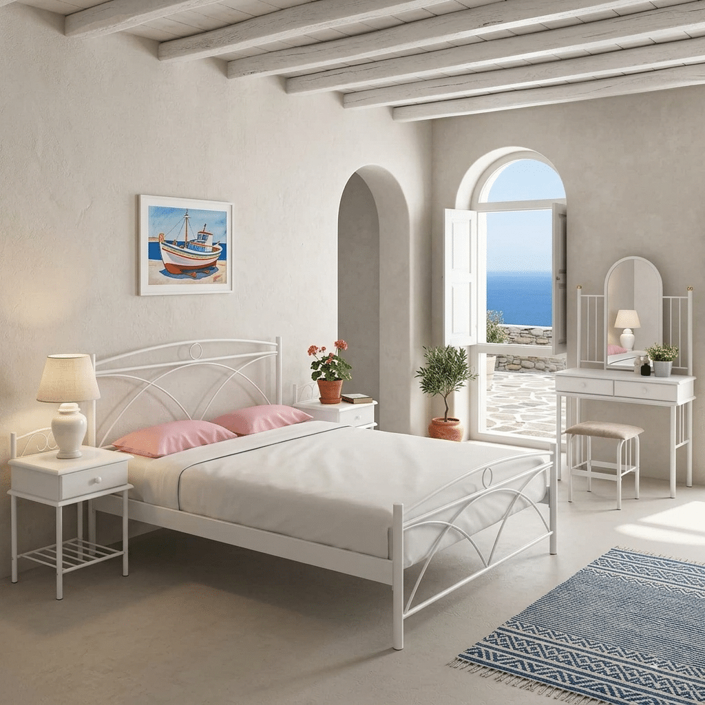 Εξοπλισμός Airbnb με μεταλλικό κρεβάτι και έπιπλα δωματίου