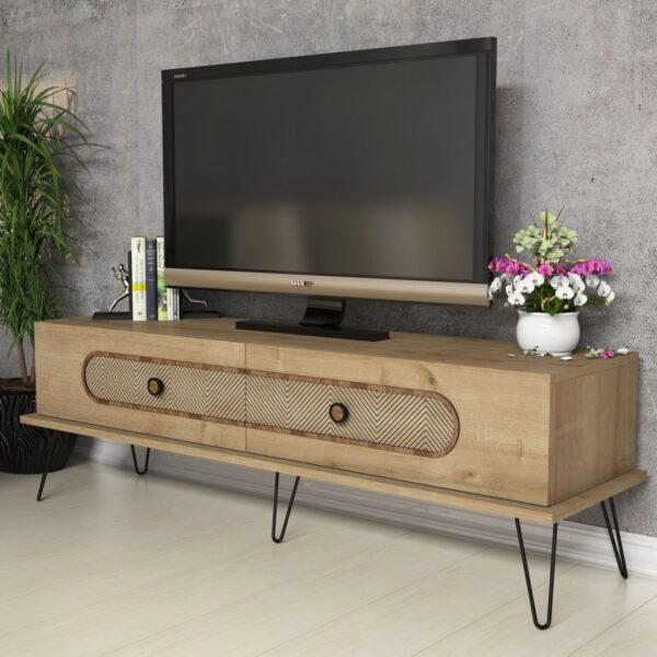 ΕΠΙΠΛΟ ΤΗΛΕΟΡΑΣΗΣ HM9511.02 ΜΕΛΑΜΙΝΗΣ ΦΥΣΙΚΟ OAK ΧΡΩΜΑ ΜΕΤΑΛΛΙΚΑ ΠΟΔΙΑ 145x40x45Yεκ. - Image 3