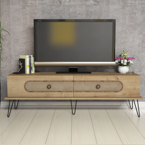 ΕΠΙΠΛΟ ΤΗΛΕΟΡΑΣΗΣ HM9511.02 ΜΕΛΑΜΙΝΗΣ ΦΥΣΙΚΟ OAK ΧΡΩΜΑ ΜΕΤΑΛΛΙΚΑ ΠΟΔΙΑ 145x40x45Yεκ. - Image 5