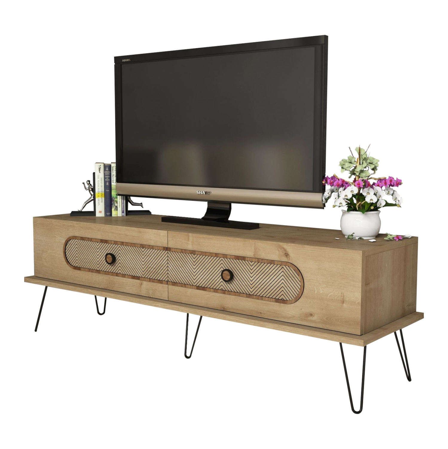 HM9511.02 ΕΠΙΠΛΟ ΤΗΛΕΟΡΑΣΗΣ HM9511.02 ΜΕΛΑΜΙΝΗΣ ΦΥΣΙΚΟ OAK ΧΡΩΜΑ ΜΕΤΑΛΛΙΚΑ ΠΟΔΙΑ 145x40x45Yεκ. - Image 1