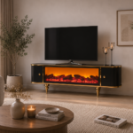 Έπιπλο Τηλεόρασης  με ενσωματωμένο ηλεκτρικό τζάκι ,Lotus, Μαύρο με Χρυσό ,170 εκ. Πλάτος , 38 εκ. Βάθος , 50 εκ. Υψος , All4home