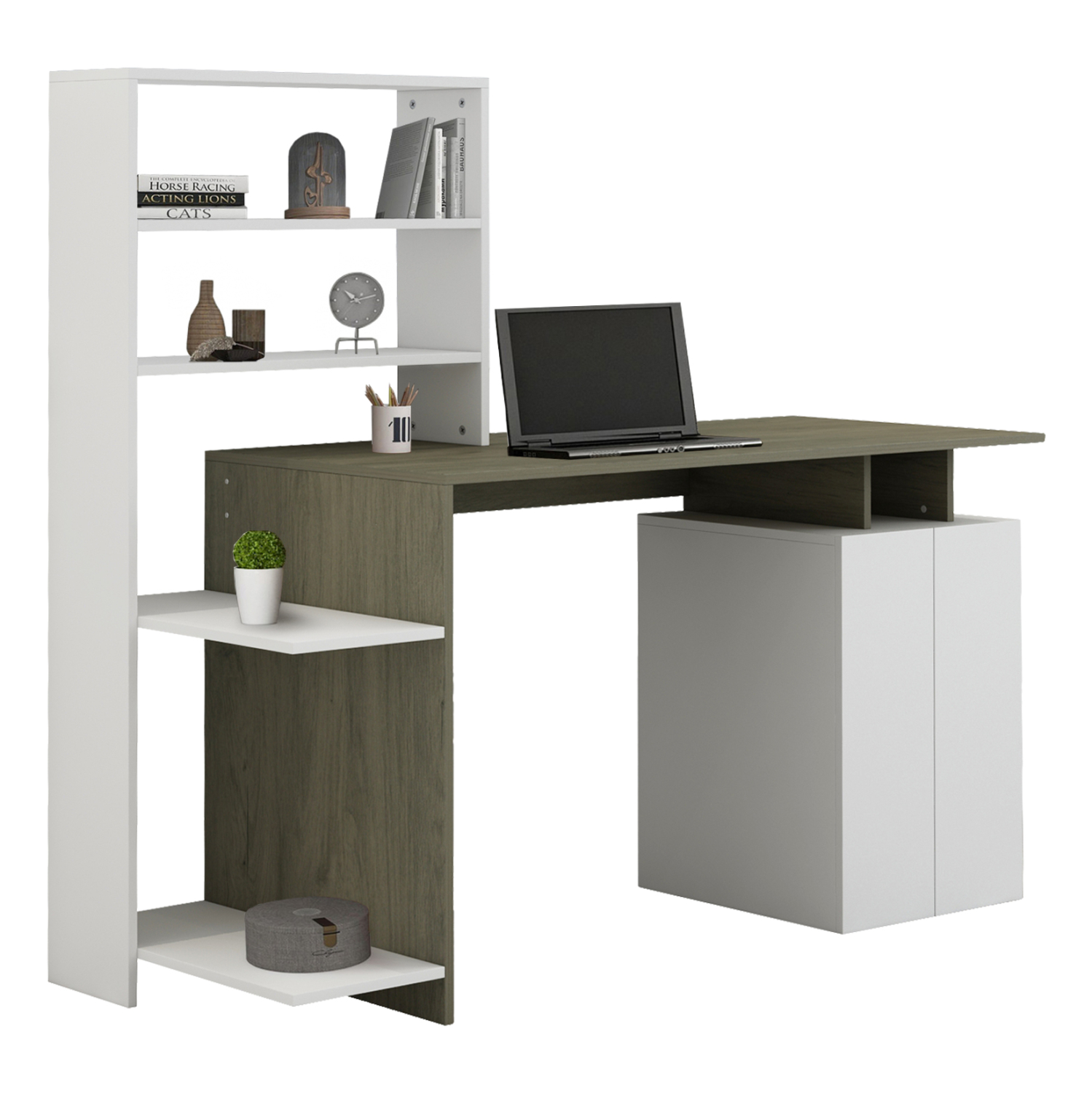 HM8886.11 ΓΡΑΦΕΙΟ ΜΕ ΒΙΒΛΙΟΘΗΚΗ ROCHELL ΜΕΛΑΜΙΝΗ OLIVE GREY ΛΕΥΚΟ 146,3x55x128,8Υεκ.HM8886.11 - Image 1
