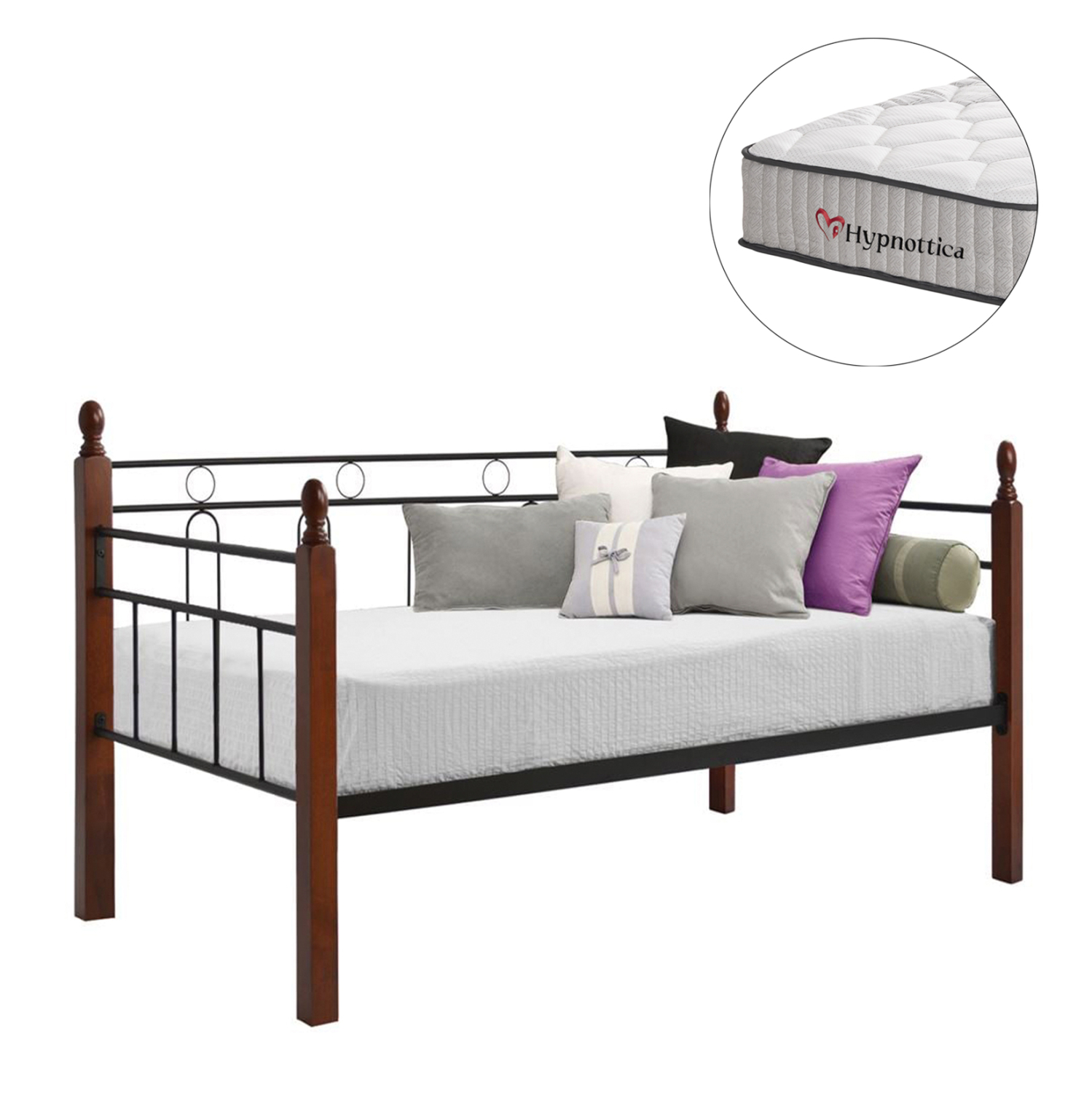 HM10755 ΚΑΝΑΠΕΣ ΚΡΕΒΑΤΙ ΜΕ ΣΤΡΩΜΑ REVEN HM10755 ΜΕΤΑΛΛΟ & RUBBERWOOD ΣΕ DIRTY OAK--ΣΤΡΩΜΑ 90Χ190εκ - Image 1