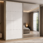 Ντουλάπα Συρόμενη με καθρέφτη, AVA 51, Σόνομα/Λευκό γυαλιστερό 200x210x59, Genomax
