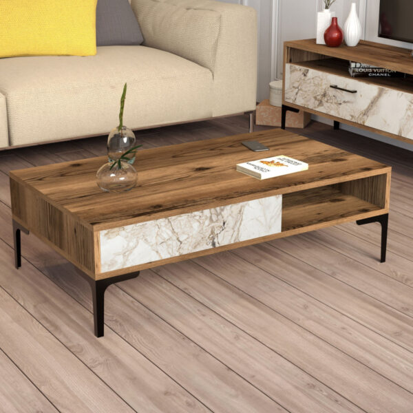 ΤΡΑΠΕΖΙ ΣΑΛΟΝΙΟΥ HM9503.05 ΜΕΛΑΜΙΝΗΣ ΚΑΡΥΔΙ-ΛΕΥΚΟ ΜΑΡΜΑΡΟ&ΜΕΤΑΛ.ΠΟΔΙ 105x60x32.6Υεκ. - Image 3