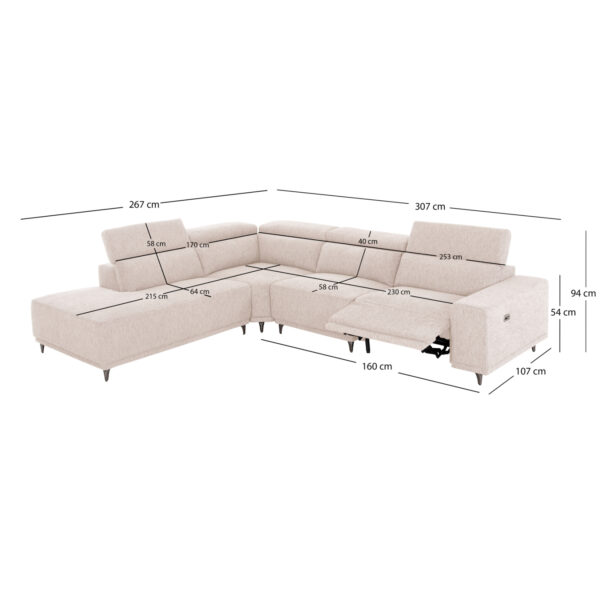 ΚΑΝΑΠΕΣ ΑΡΙΣΤΕΡΗ ΓΩΝΙΑ 5Θ ΜΕ RECLINE LUNARIS HM3316.02L ΕΚΡΟΥ ΥΦΑΣΜΑ 307x267x94Yεκ - Image 2
