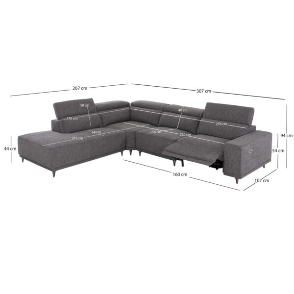 ΚΑΝΑΠΕΣ ΑΡΙΣΤΕΡΗ ΓΩΝΙΑ 5Θ ΜΕ RECLINE LUNARIS HM3316.01L ΓΚΡΙ ΥΦΑΣΜΑ 307x267x94Yεκ - Image 2